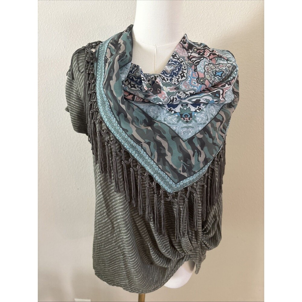 World Unity Womens L Green Striped Top Attached Scarf Fringe Cowl Boho Artsy